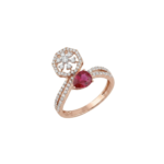 Pear Ruby and Geometric Diamond Halo Ring